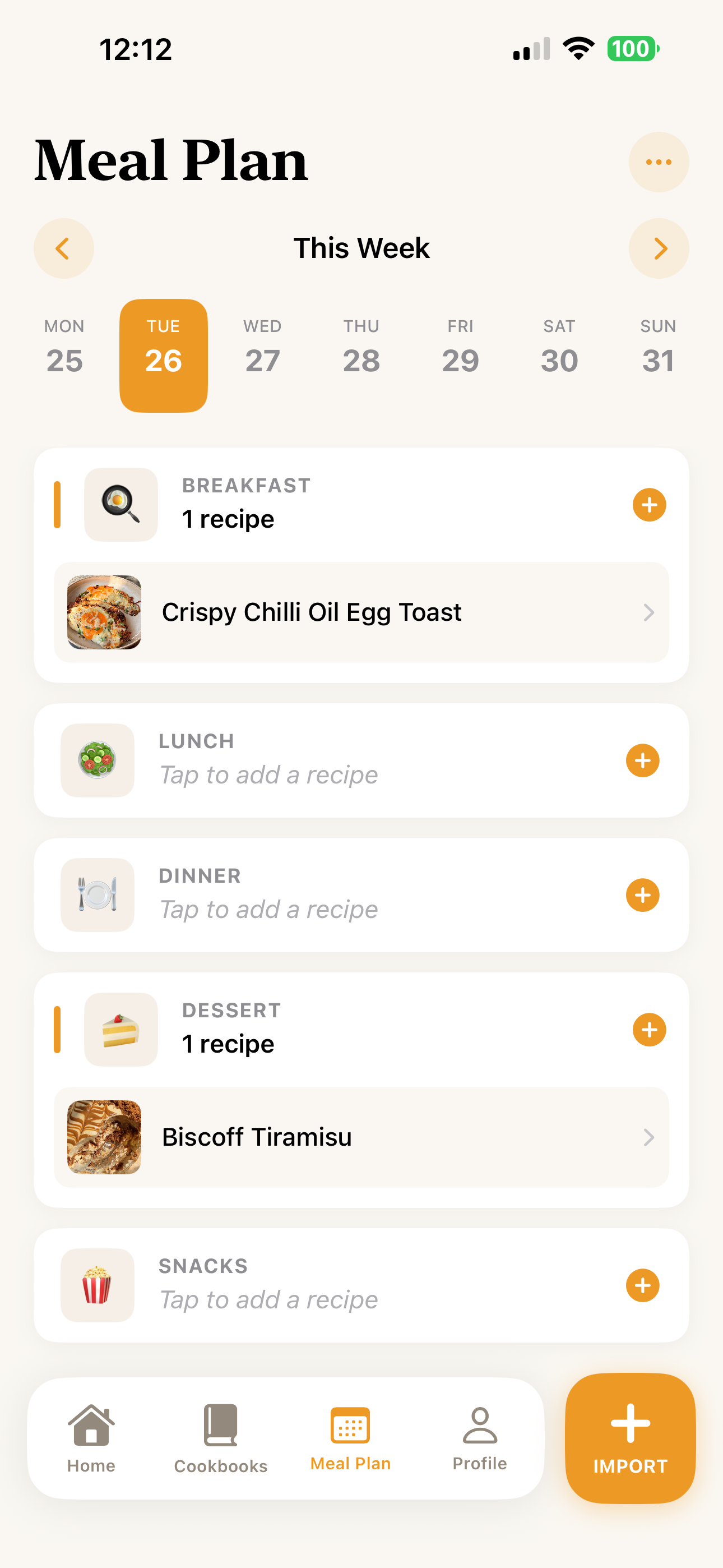 Meal Plan screen